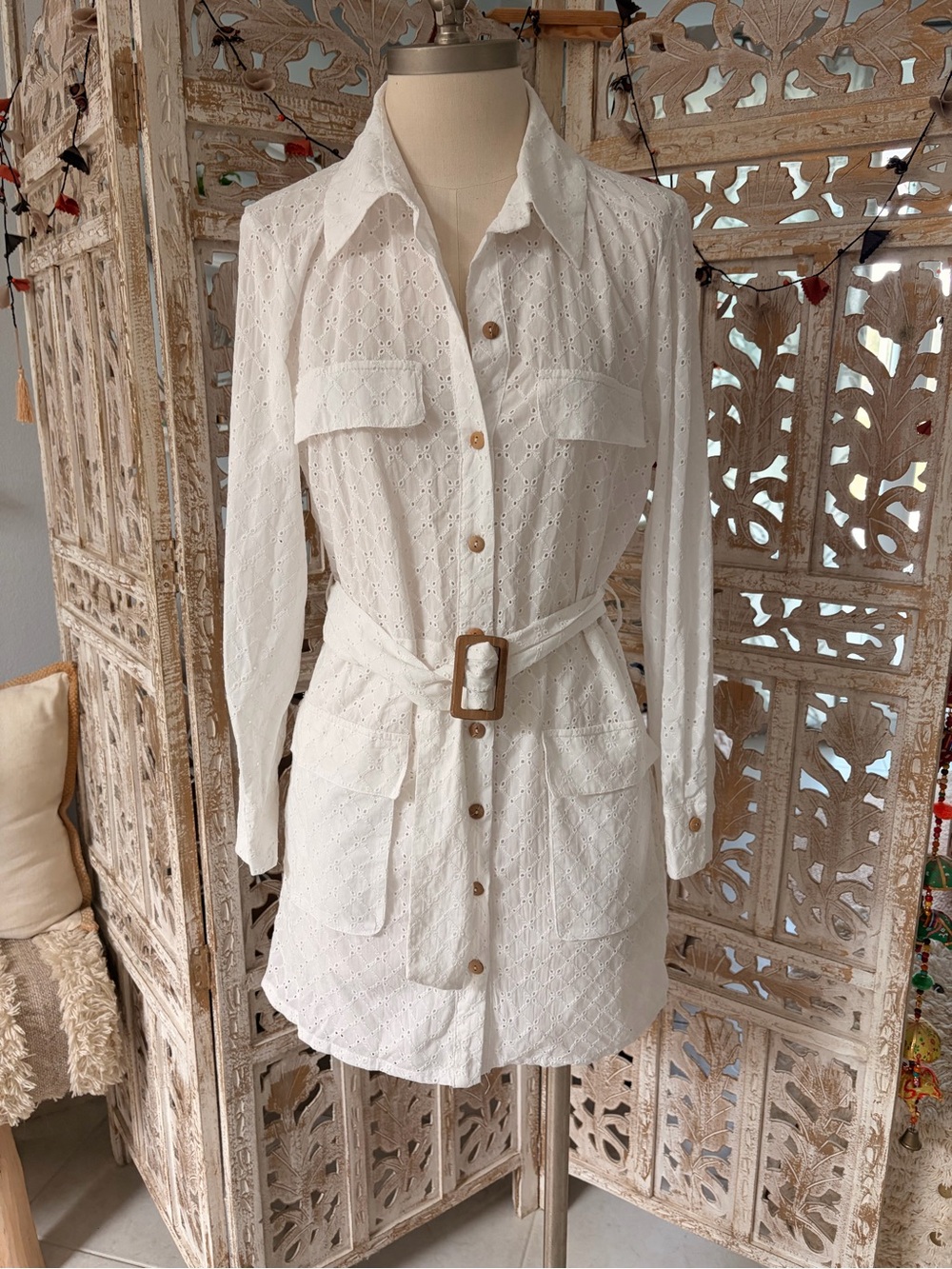 Zara White Eyelet Shirt Dress with Belt